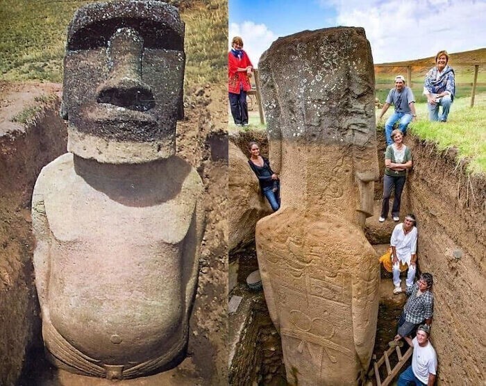 29. Погребенные тела легендарных базальтовых статуй моаи с острова Пасхи, построенных народом Рапа Нуи в период между 1250-1500 годами нашей эры, с вырезанными на спине петроглифами